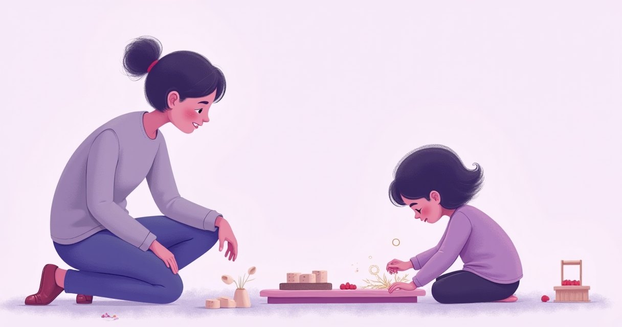 大人蹲下安靜觀察正在工作的孩子