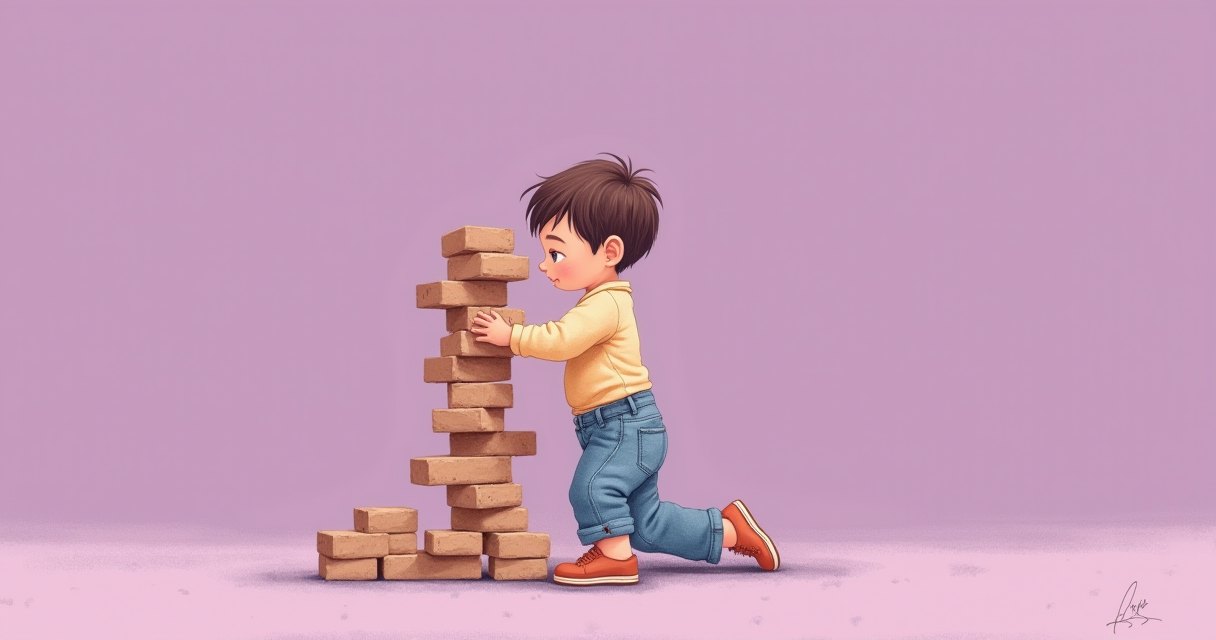 孩子專注地用積木蓋高塔