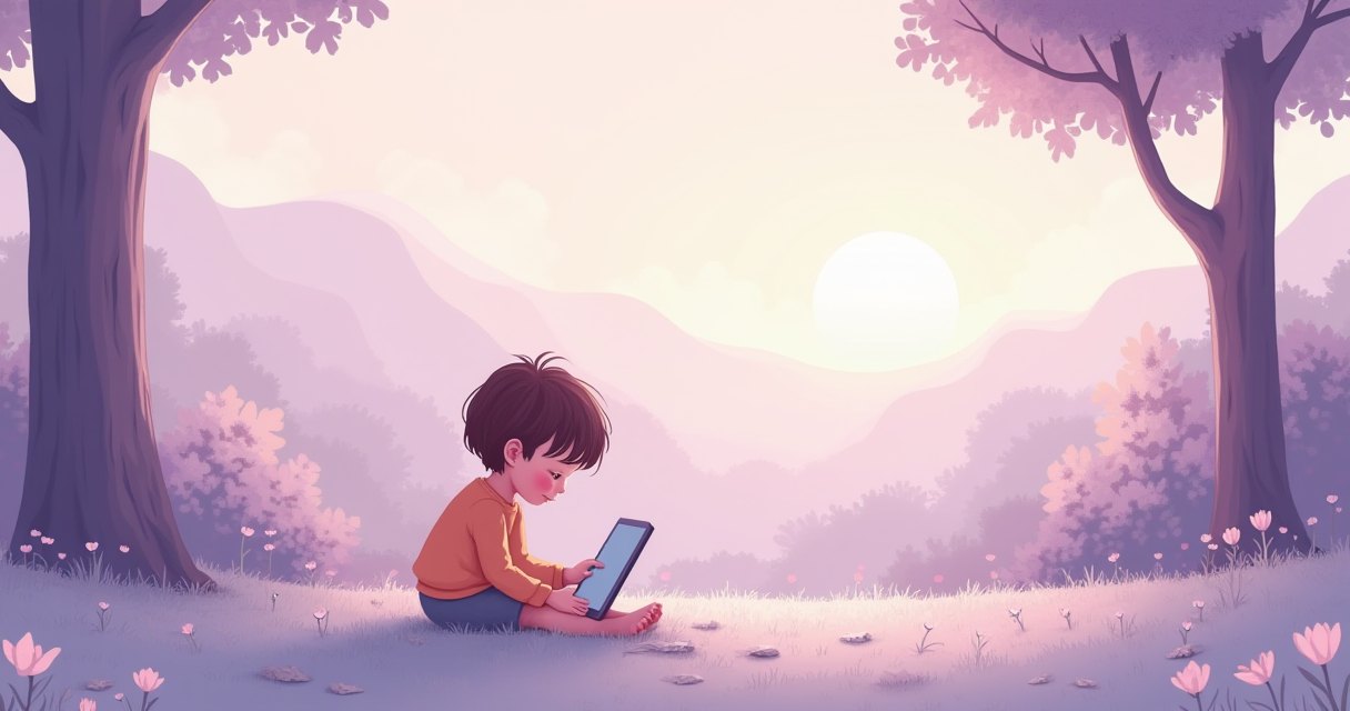 孩子在戶外玩耍平板擱在一旁象徵健康平衡