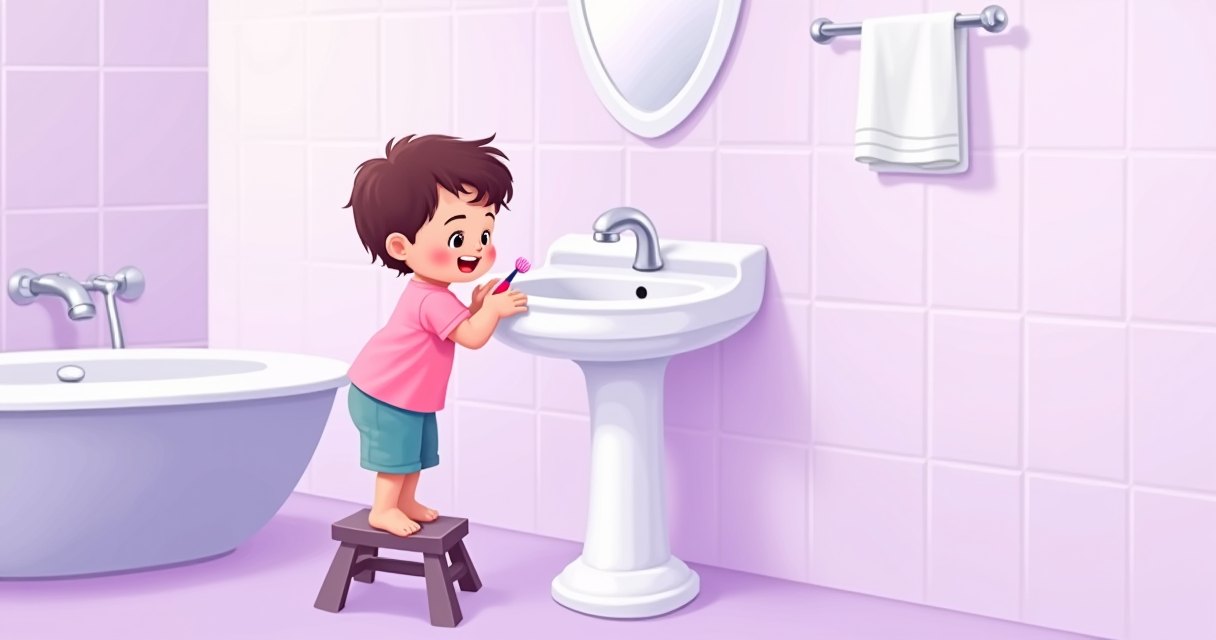 孩子踩著小凳子自己刷牙洗手