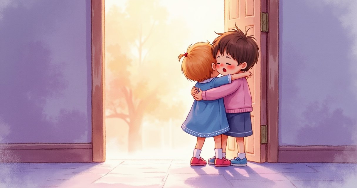 家長在幼兒園門口溫柔擁抱孩子，安撫分離焦慮